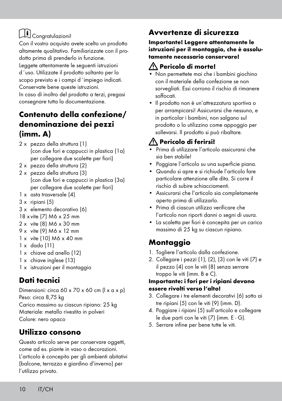 Dati tecnici, Utilizzo consono, Avvertenze di sicurezza | Montaggio | Florabest BT-1817 User Manual | Page 8 / 14