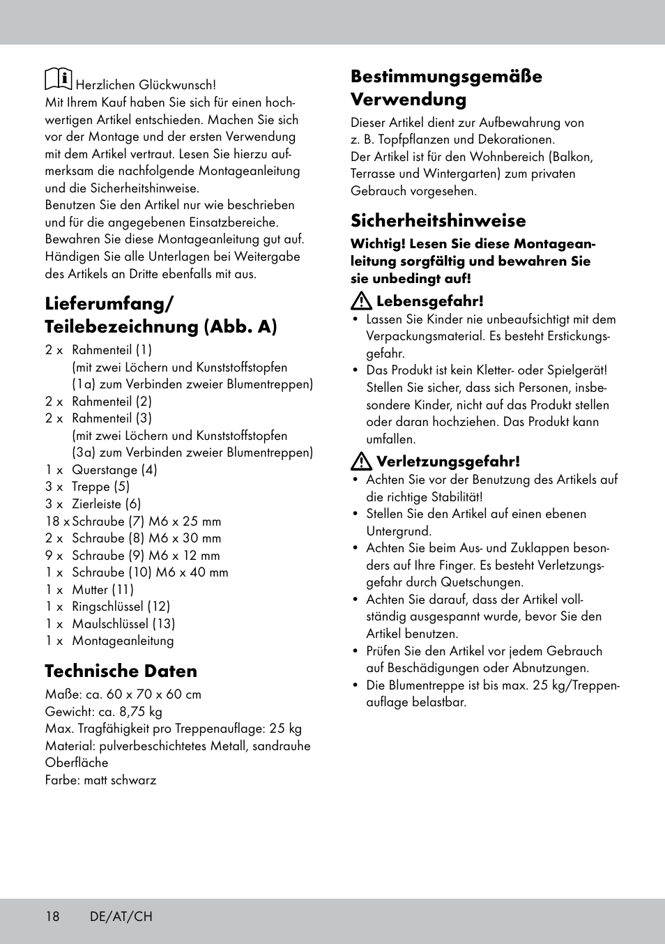 Lieferumfang/ teilebezeichnung (abb. a), Technische daten, Bestimmungsgemäße verwendung | Sicherheitshinweise | Florabest BT-1817 User Manual | Page 16 / 18