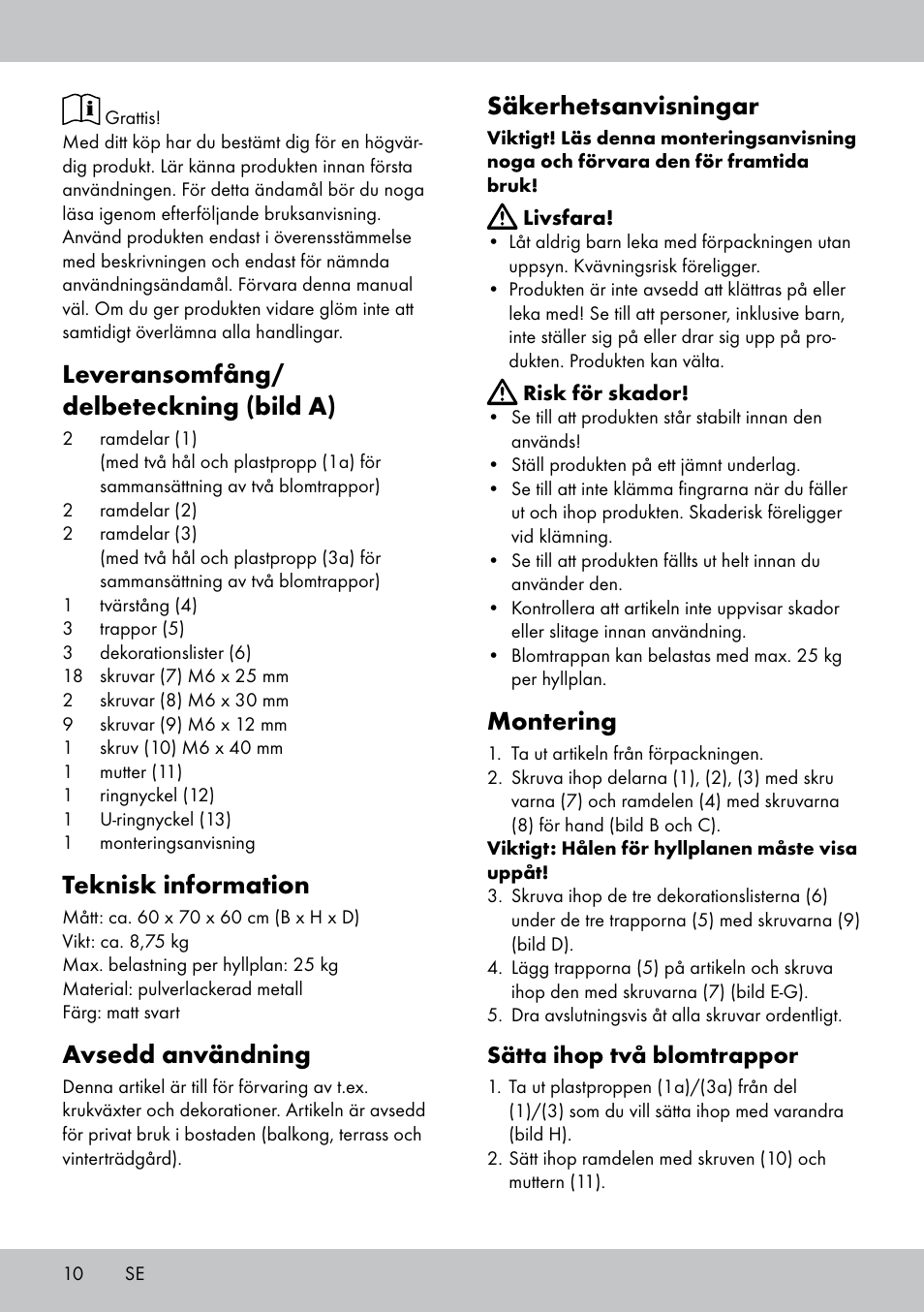 Leveransomfång/ delbeteckning (bild a), Teknisk information, Avsedd användning | Säkerhetsanvisningar, Montering, Sätta ihop två blomtrappor | Florabest BT-1817 User Manual | Page 8 / 18