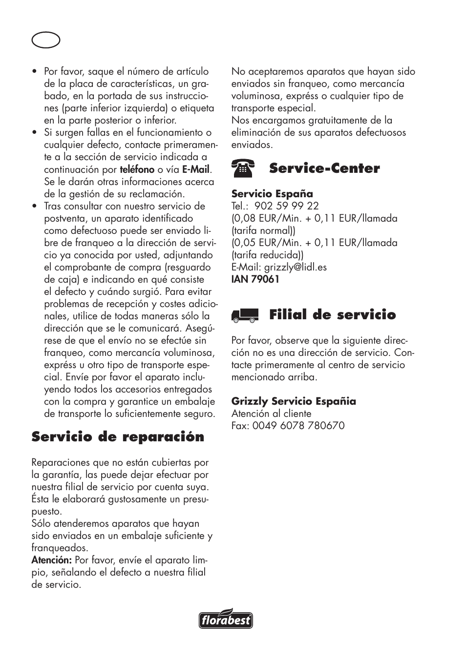 Servicio de reparación, Service-center, Filial de servicio | Florabest FHE 550 B2 User Manual | Page 22 / 64