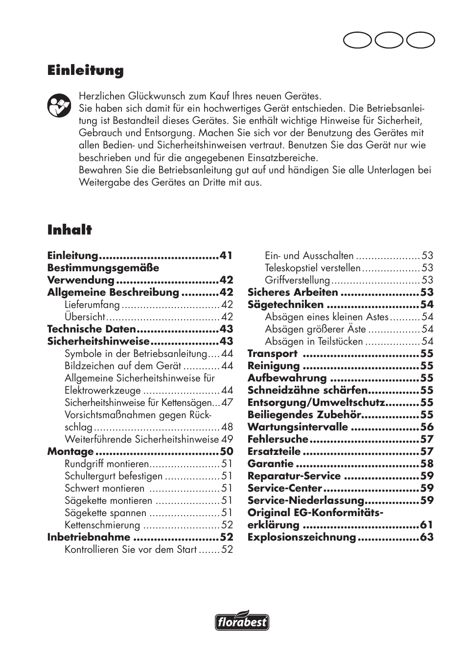 Inhalt, Einleitung, De at ch | Florabest FHE 550 B2 User Manual | Page 41 / 64
