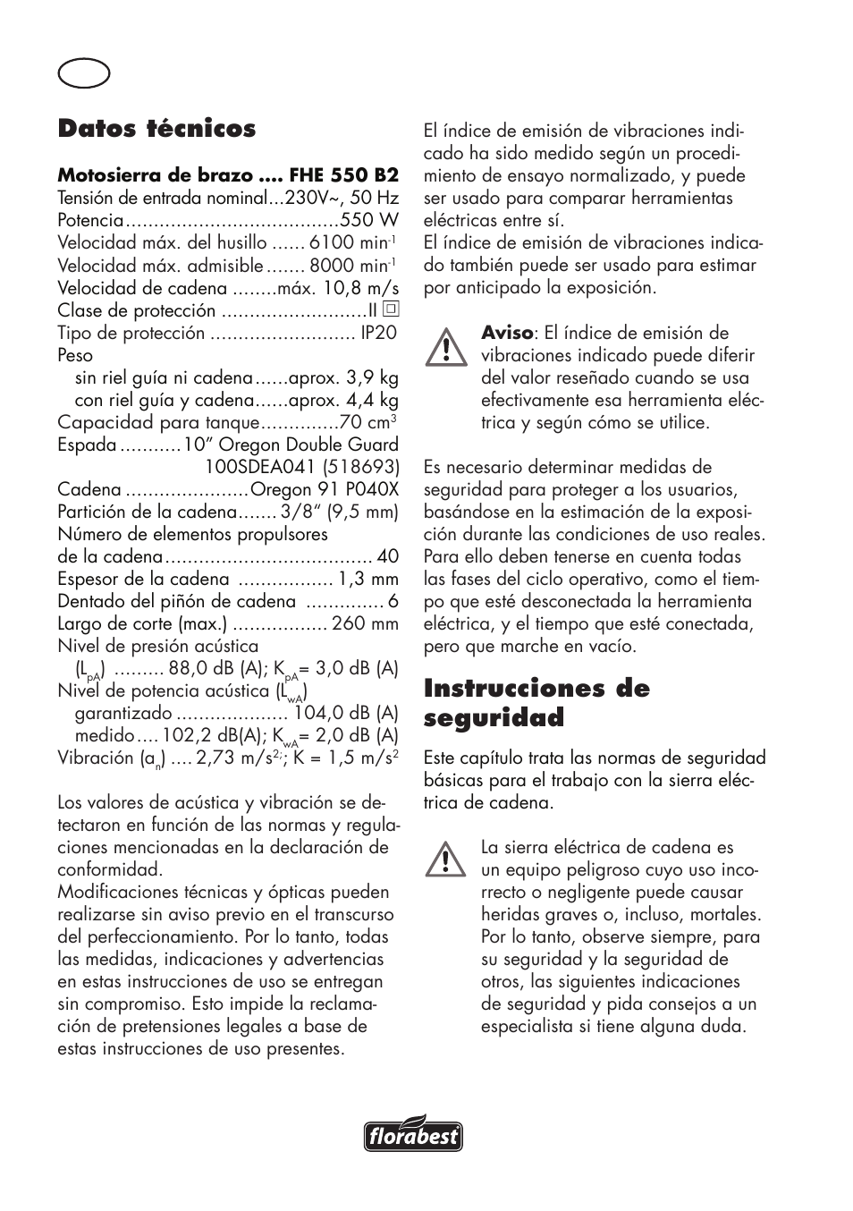 Datos técnicos, Instrucciones de seguridad | Florabest FHE 550 B2 User Manual | Page 6 / 64