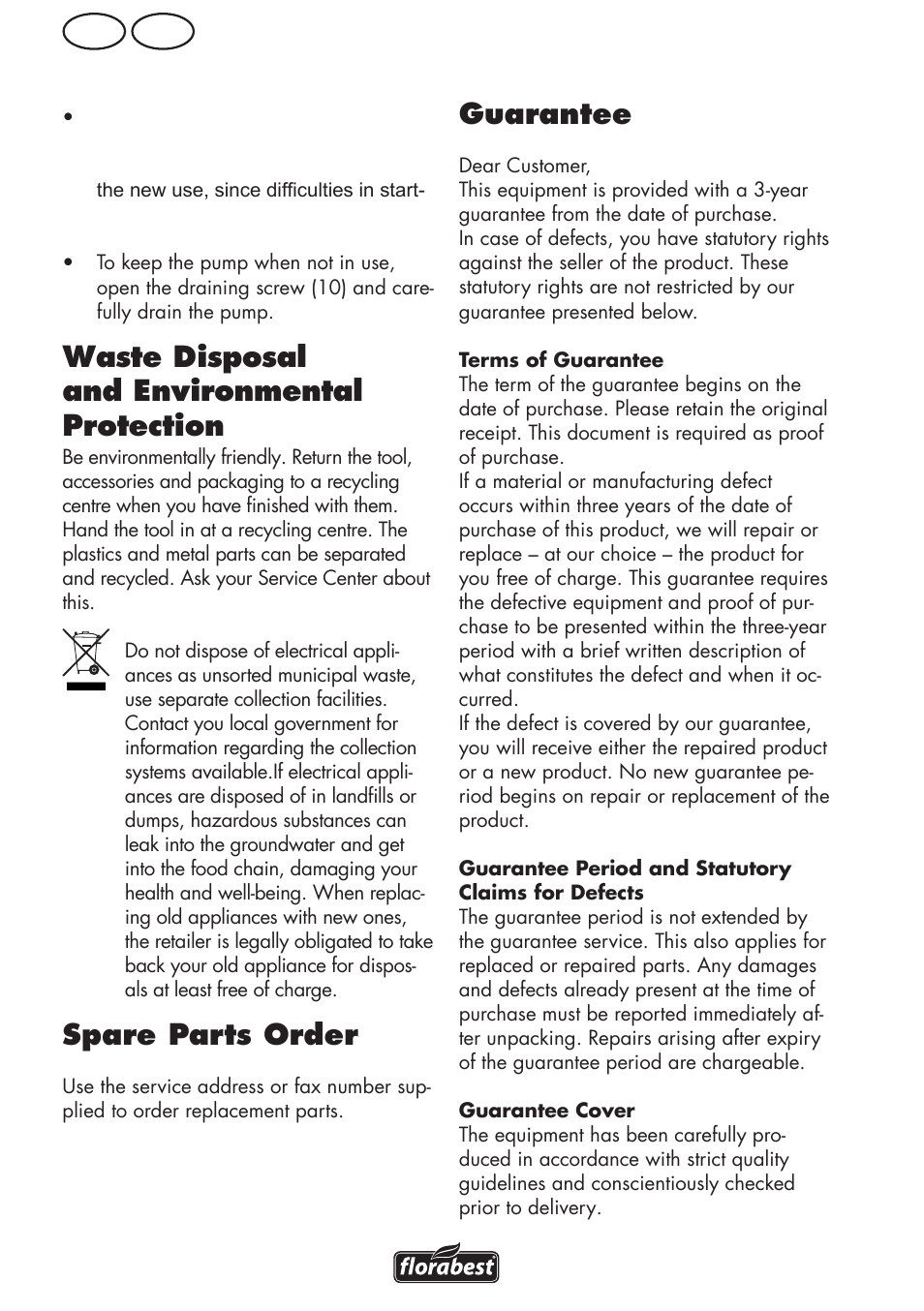 Waste disposal and environmental protection, Spare parts order, Guarantee | Gb mt | Florabest FGPS 1100 B2 User Manual | Page 20 / 40