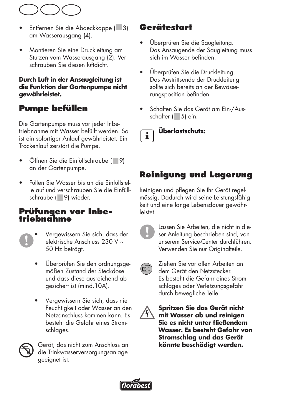 Ch at de, Pumpe befüllen, Prüfungen vor inbe- triebnahme | Gerätestart, Reinigung und lagerung | Florabest FGPS 1100 B2 User Manual | Page 28 / 40