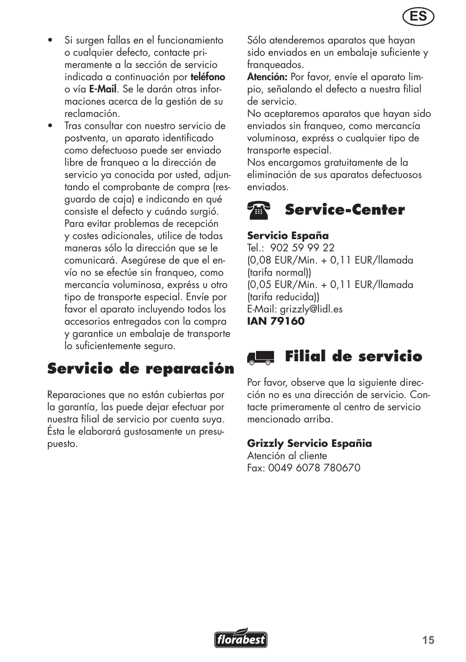 Servicio de reparación, Service-center, Filial de servicio | Florabest FGH 710 A1 User Manual | Page 15 / 68
