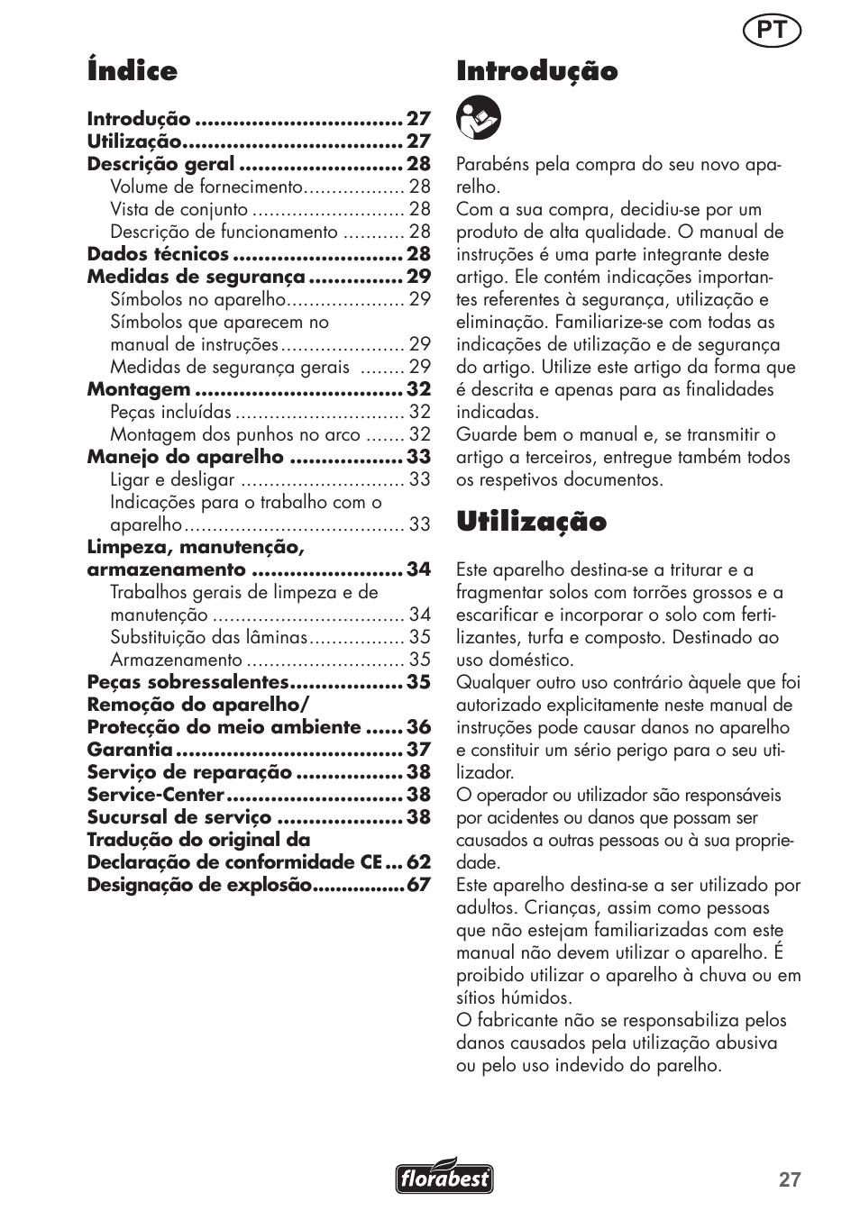 Introdução, Utilização, Índice | Florabest FGH 710 A1 User Manual | Page 27 / 68