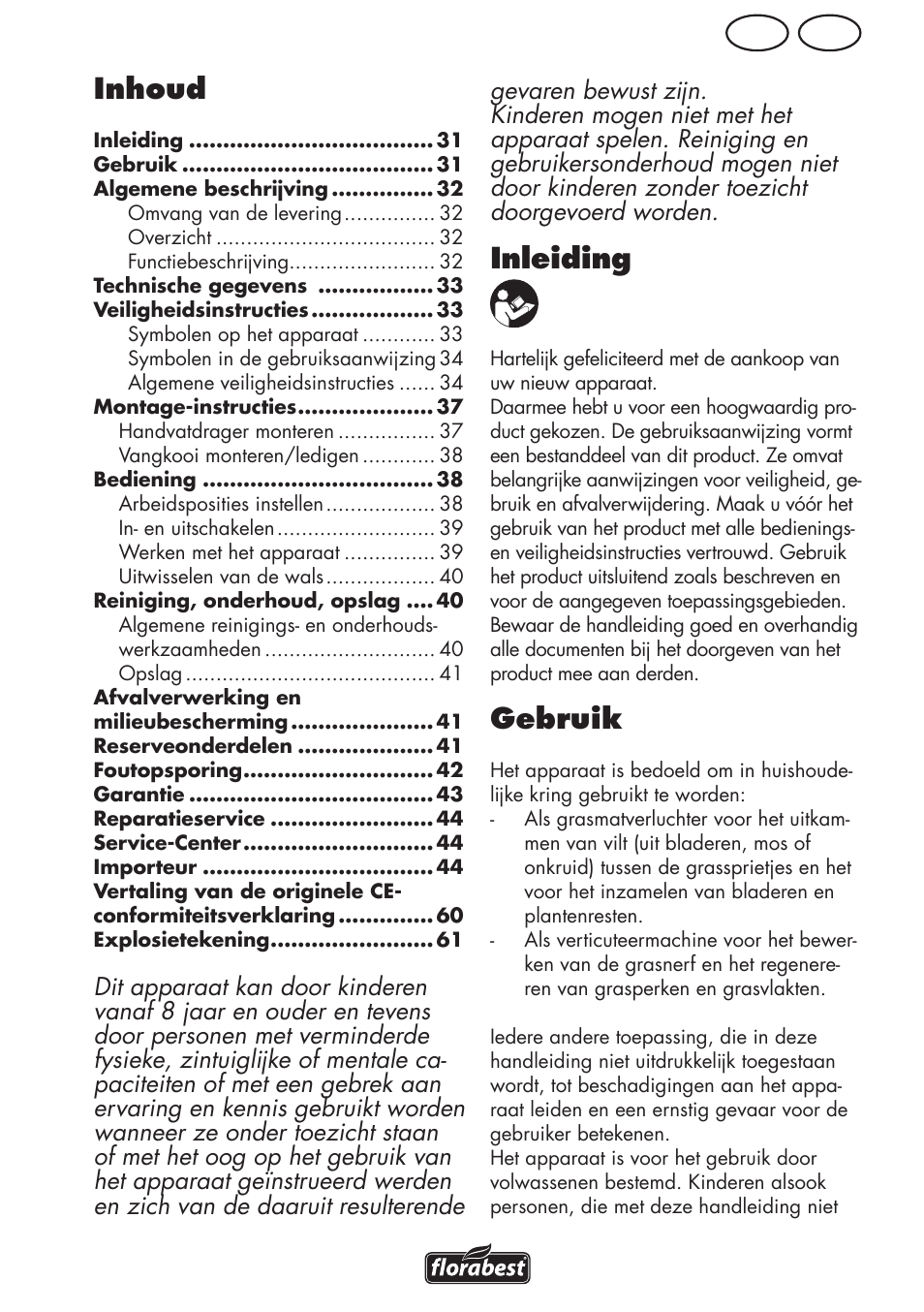 Inhoud, Inleiding, Gebruik | Be nl | Florabest FLV 1200 A1 User Manual | Page 31 / 64