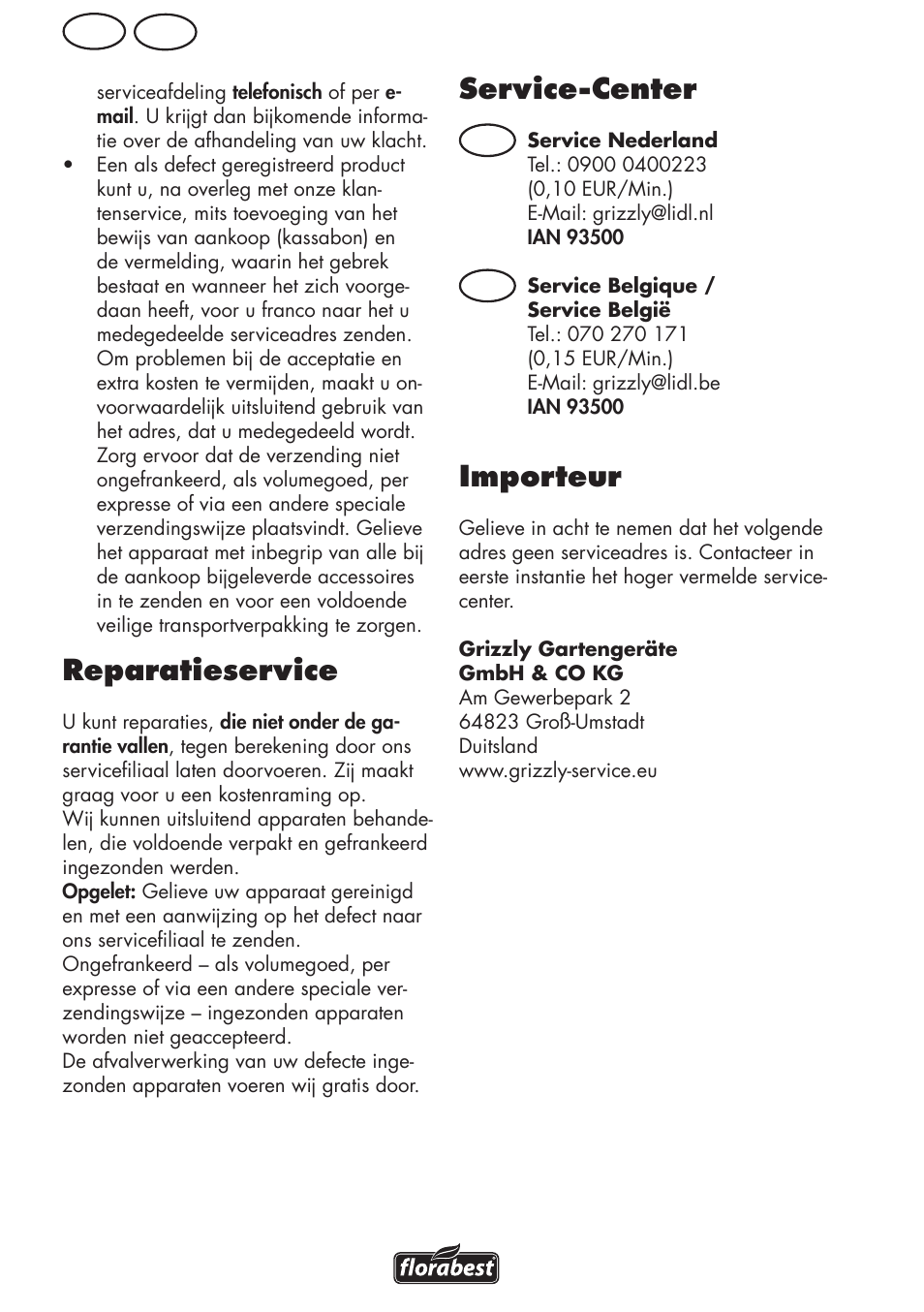 Reparatieservice, Service-center, Importeur | Nl be, Fr be | Florabest FLV 1200 A1 User Manual | Page 44 / 64