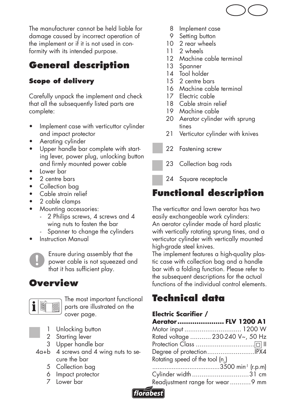 General description, Overview, Functional description | Technical data, Ie gb | Florabest FLV 1200 A1 User Manual | Page 5 / 64