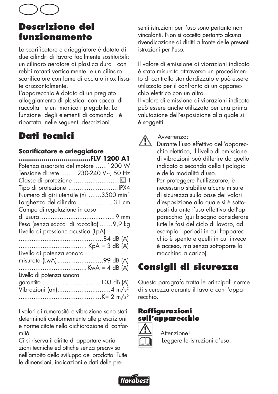 Descrizione del funzionamento, Dati tecnici, Consigli di sicurezza | Ch it | Florabest FLV 1200 A1 User Manual | Page 34 / 68