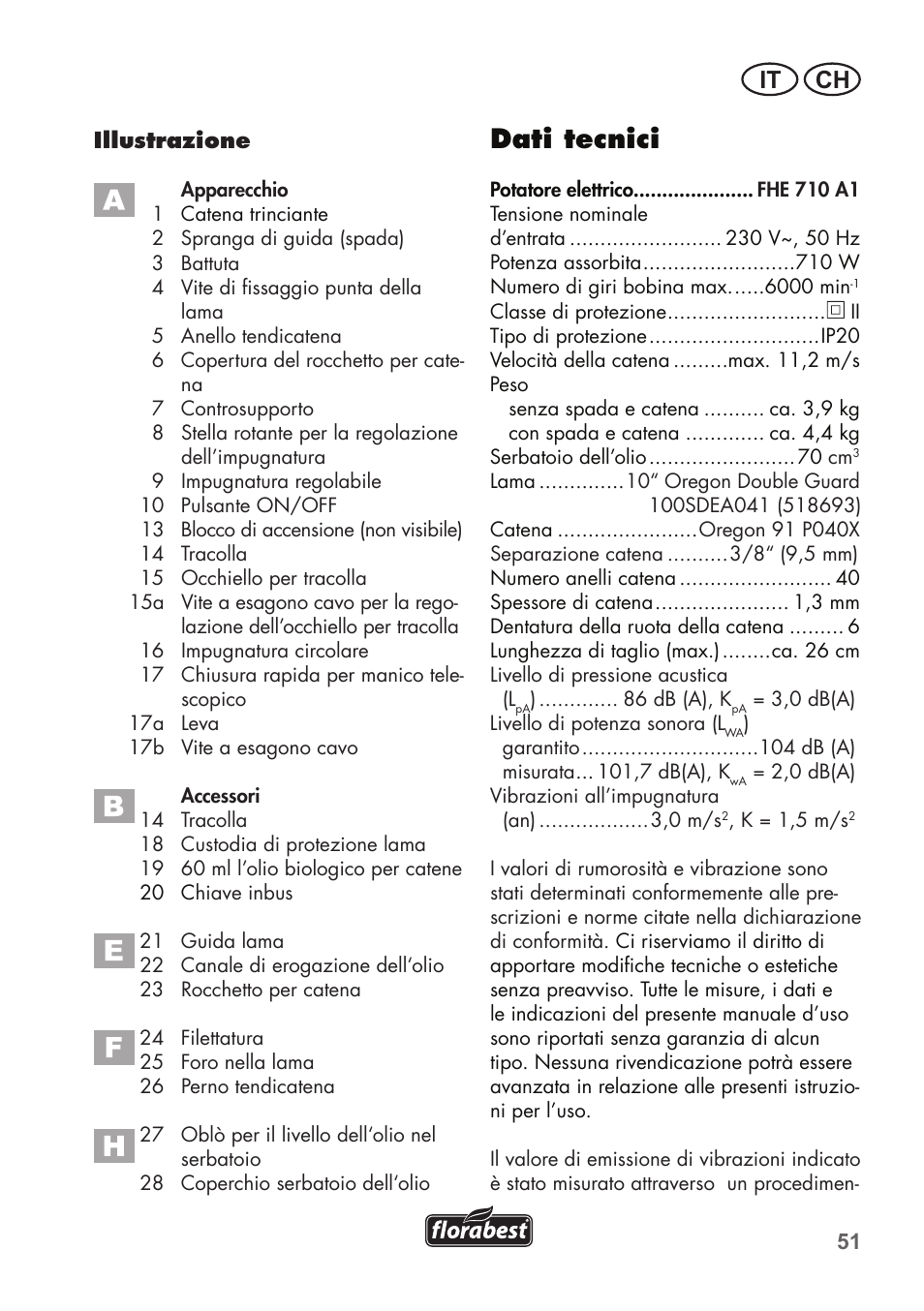 Dati tecnici, It ch | Florabest FHE 710 A1 User Manual | Page 51 / 96