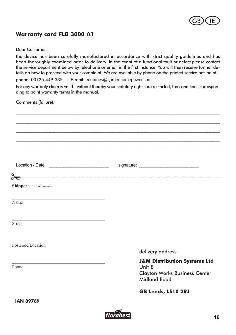 Ie gb | Florabest FLB 3000 A1 User Manual | Page 17 / 36
