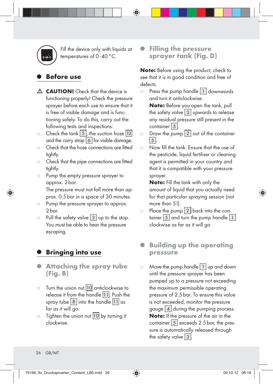 Before use, Bringing into use, Attaching the spray tube (fig. b) | Filling the pressure sprayer tank (fig. d), Building up the operating pressure | Florabest Z31339 User Manual | Page 26 / 35