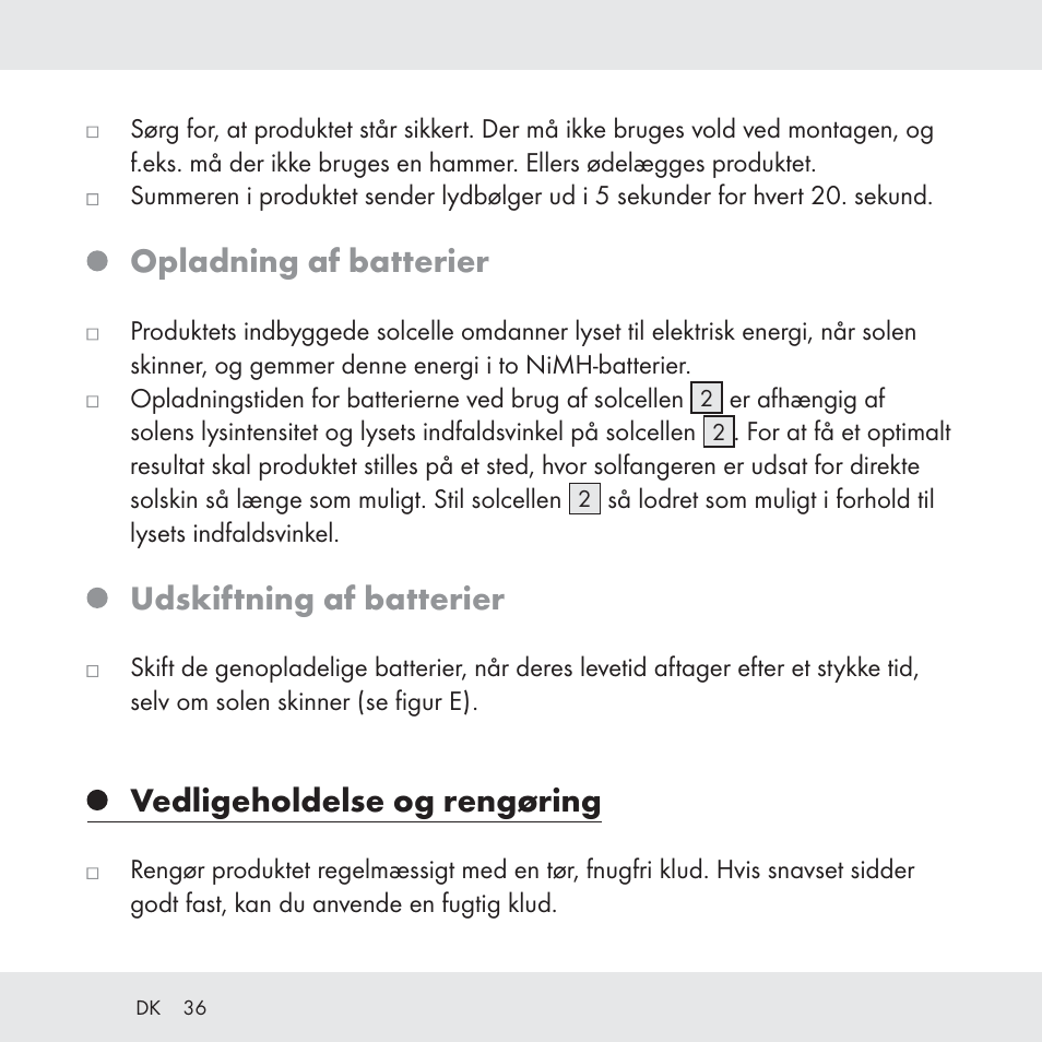 Opladning af batterier, Udskiftning af batterier, Vedligeholdelse og rengøring | Florabest Z31049 User Manual | Page 36 / 64