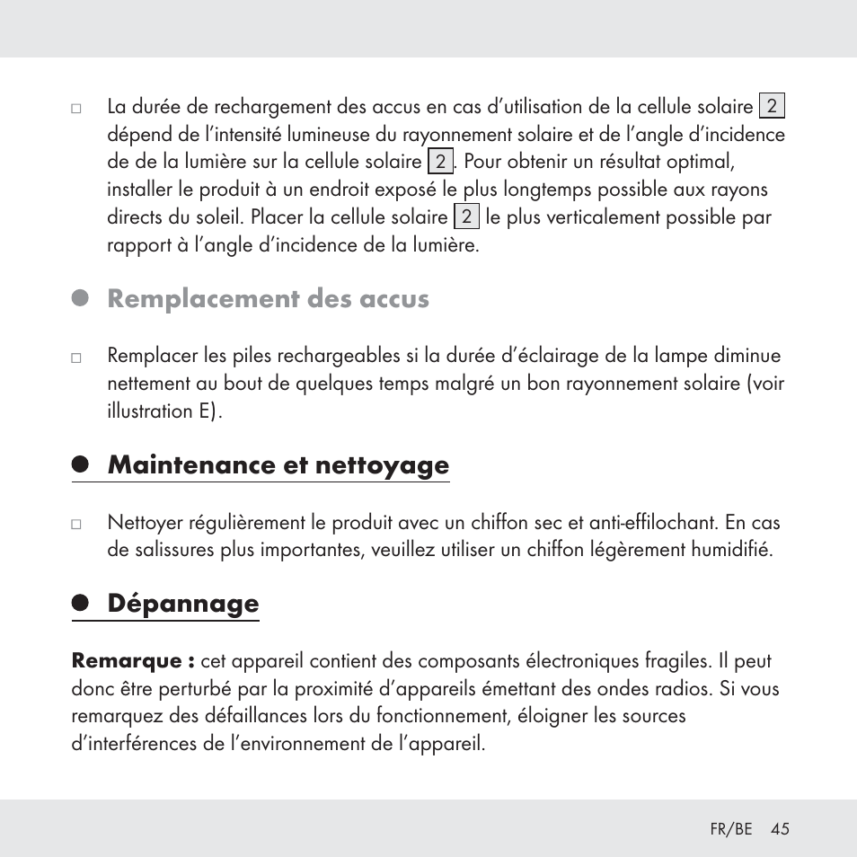 Remplacement des accus, Maintenance et nettoyage, Dépannage | Florabest Z31049 User Manual | Page 45 / 64