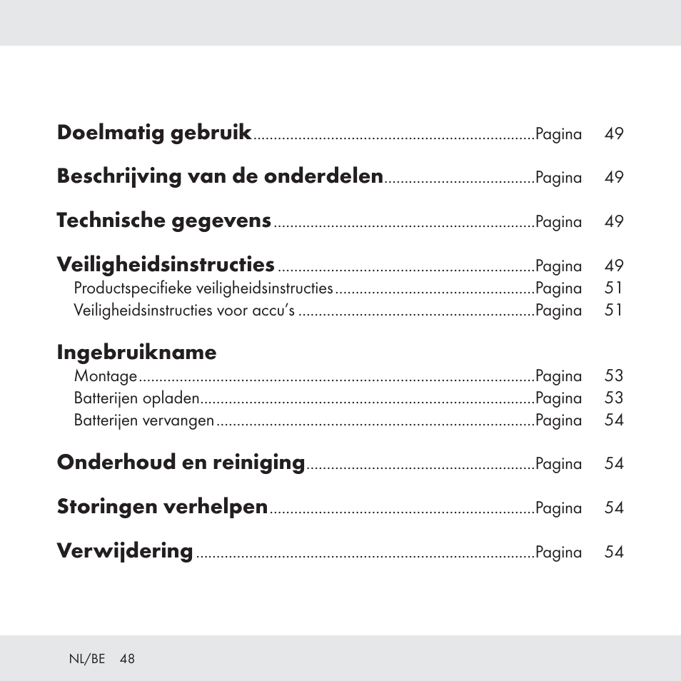 Doelmatig gebruik, Beschrijving van de onderdelen, Technische gegevens | Veiligheidsinstructies, Ingebruikname, Onderhoud en reiniging, Storingen verhelpen, Verwijdering | Florabest Z31049 User Manual | Page 48 / 64