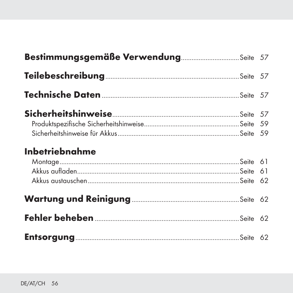 Bestimmungsgemäße verwendung, Teilebeschreibung, Technische daten | Sicherheitshinweise, Inbetriebnahme, Wartung und reinigung, Fehler beheben, Entsorgung | Florabest Z31049 User Manual | Page 56 / 64