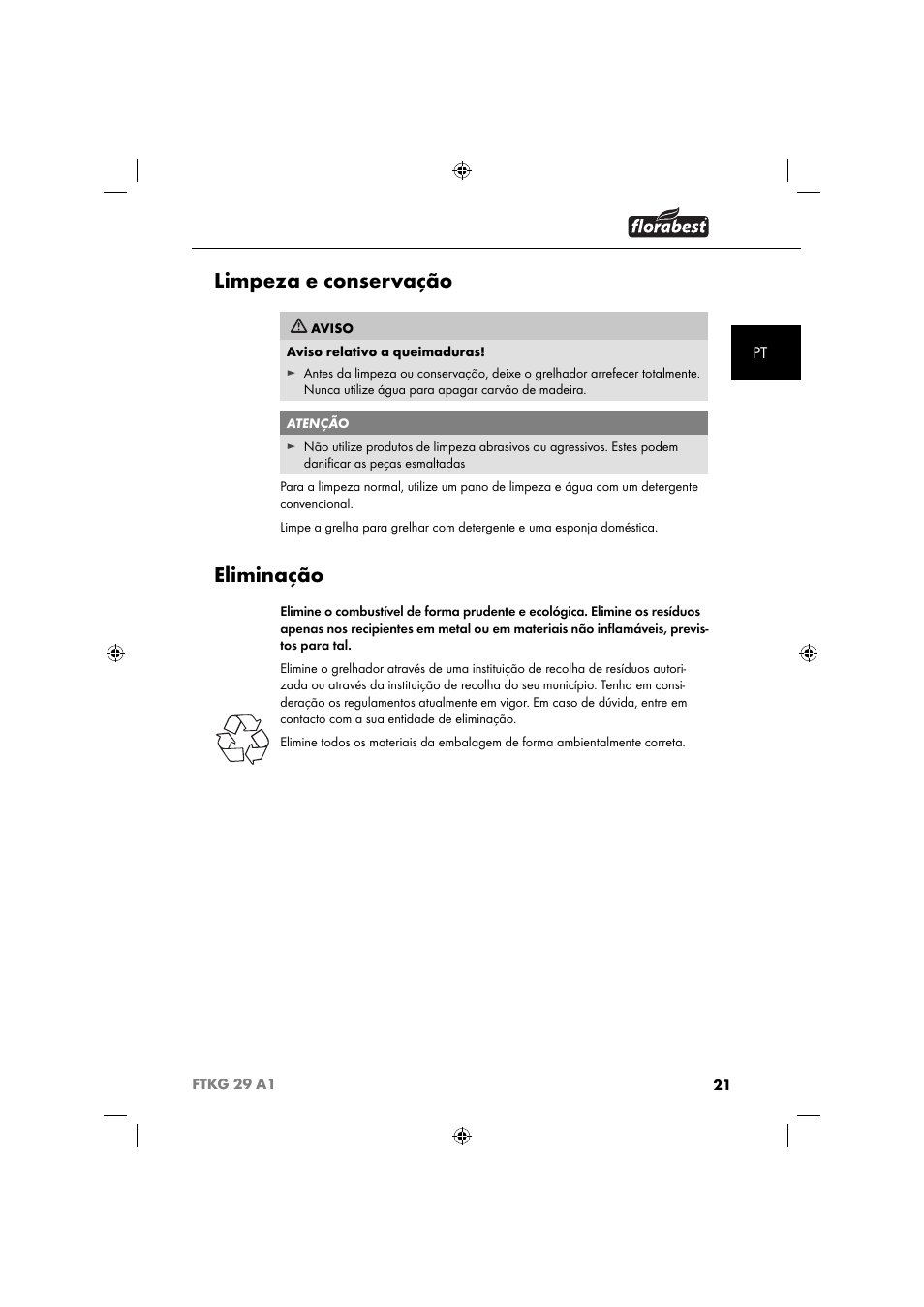 Limpeza e conservação, Eliminação | Florabest FTKG 29 A1 User Manual | Page 24 / 51
