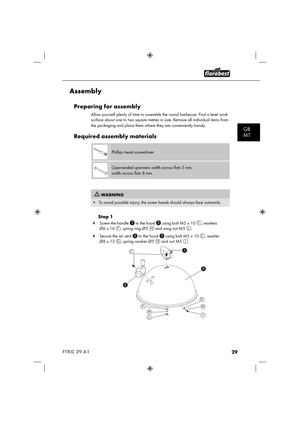 Assembly, Preparing for assembly, Required assembly materials | Gb mt | Florabest FTKG 29 A1 User Manual | Page 32 / 51