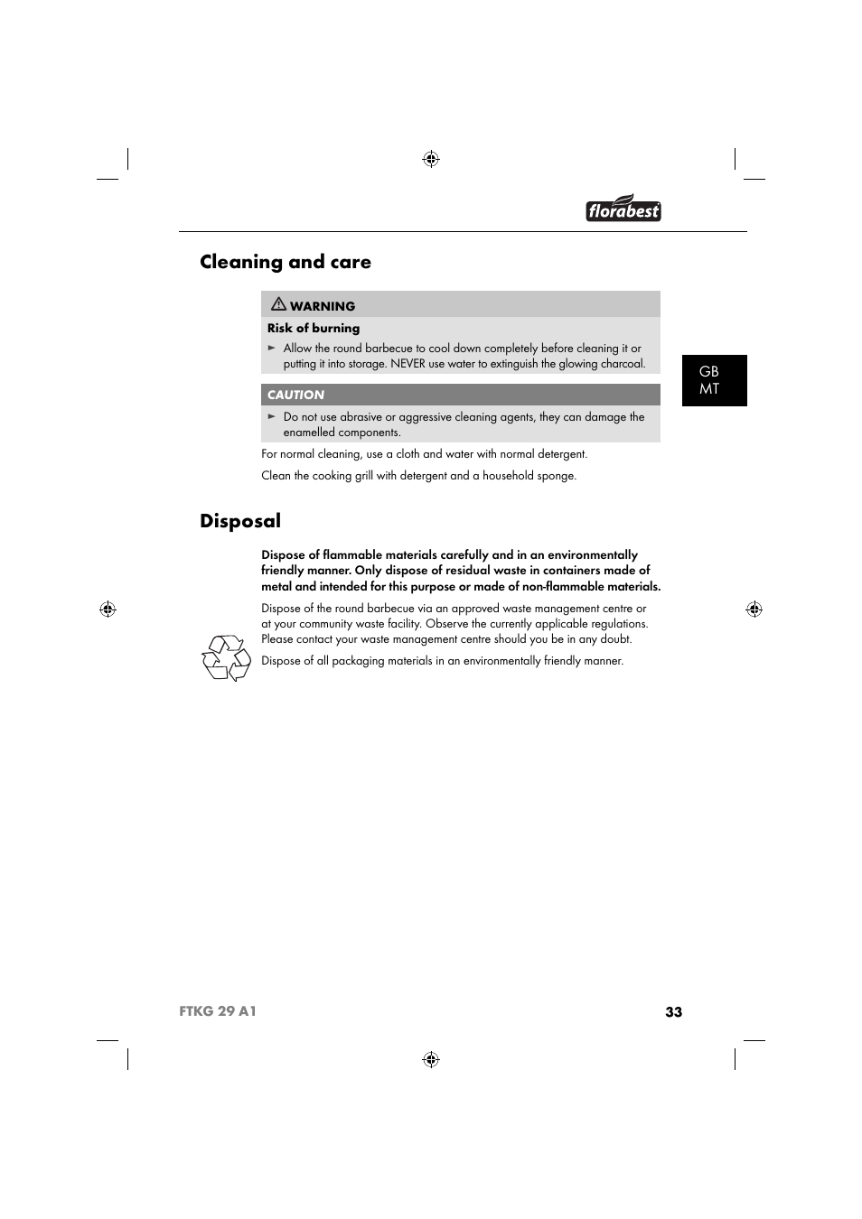 Cleaning and care, Disposal, Gb mt | Florabest FTKG 29 A1 User Manual | Page 36 / 51