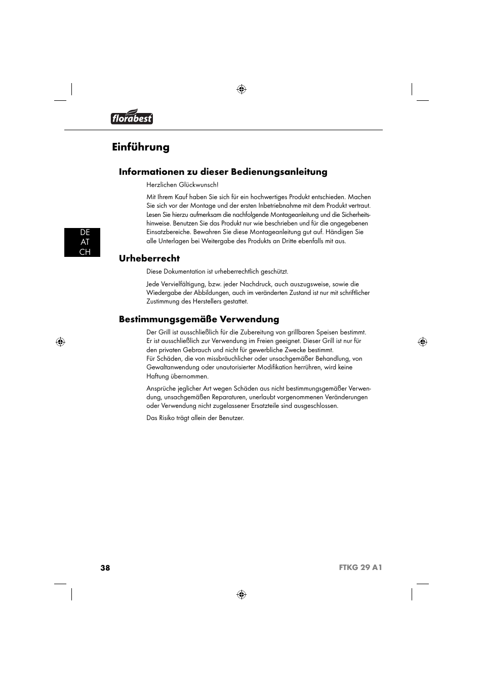 Einführung, Informationen zu dieser bedienungsanleitung, Urheberrecht | Bestimmungsgemäße verwendung, De at ch | Florabest FTKG 29 A1 User Manual | Page 41 / 51