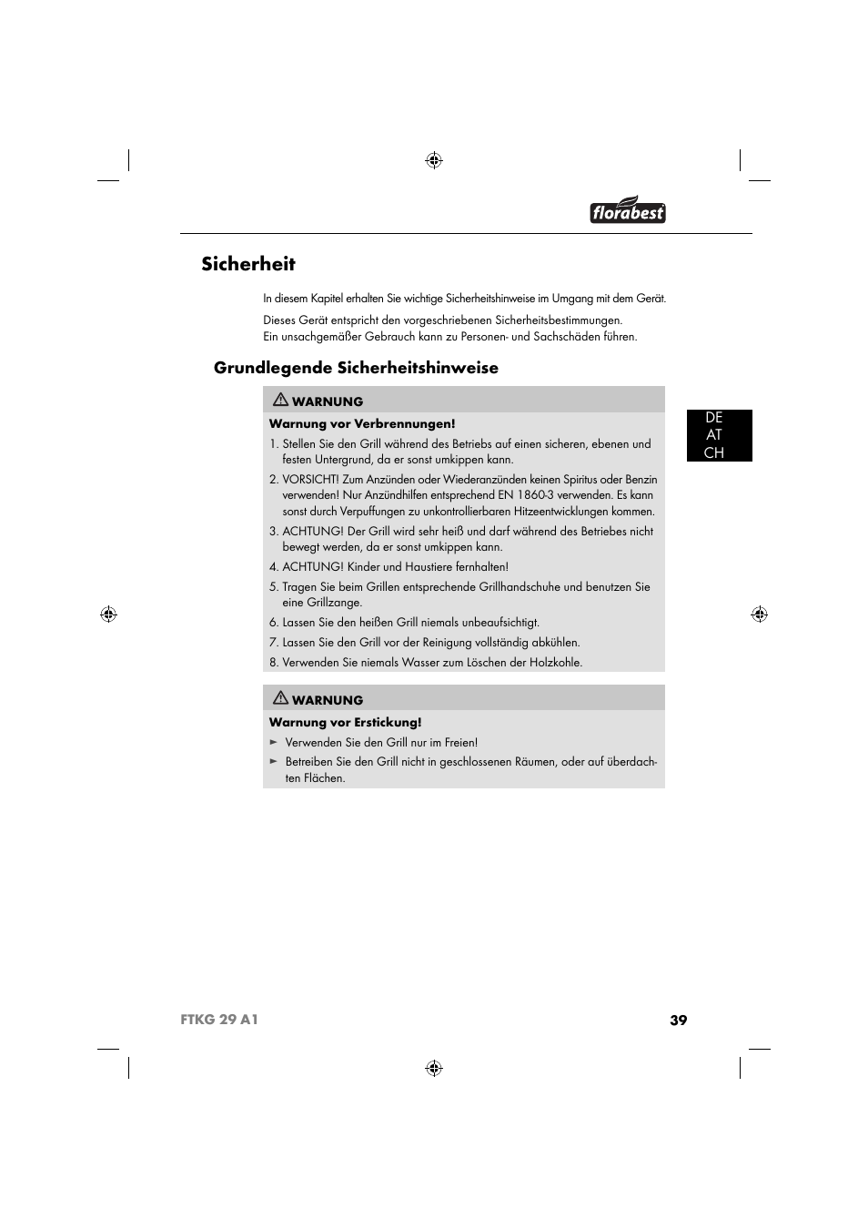Sicherheit, Grundlegende sicherheitshinweise, De at ch | Florabest FTKG 29 A1 User Manual | Page 42 / 51