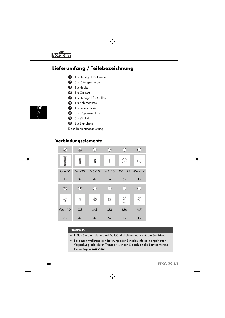 Lieferumfang / teilebezeichnung, Verbindungselemente, De at ch | Florabest FTKG 29 A1 User Manual | Page 43 / 51