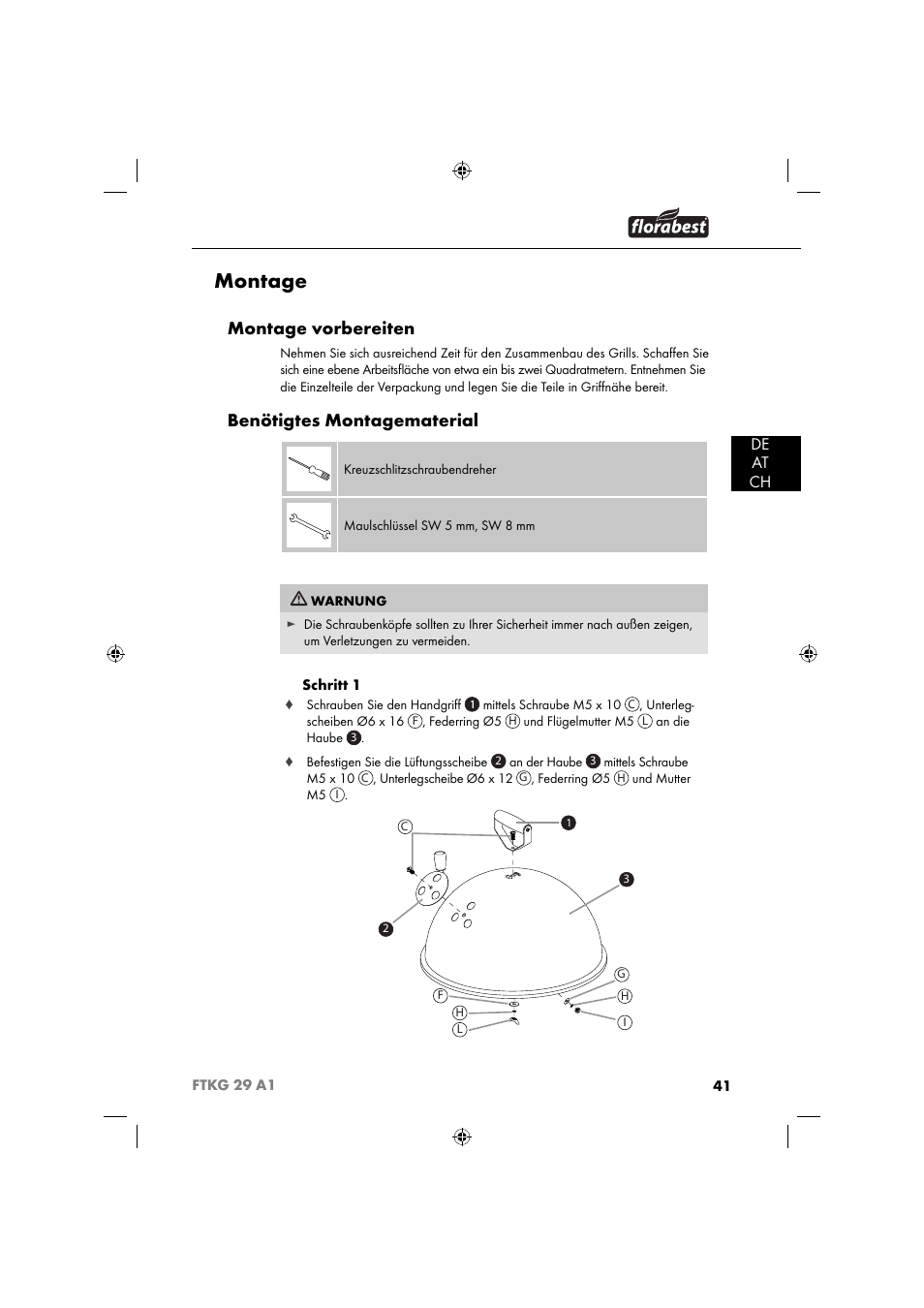 Montage, Montage vorbereiten, Benötigtes montagematerial | De at ch | Florabest FTKG 29 A1 User Manual | Page 44 / 51