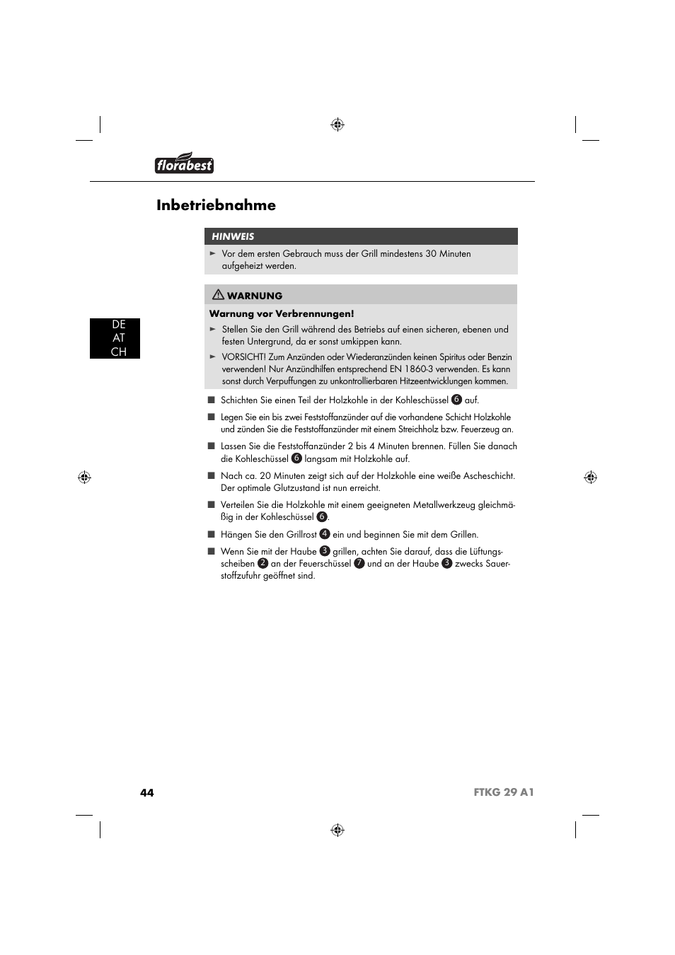 Inbetriebnahme, De at ch | Florabest FTKG 29 A1 User Manual | Page 47 / 51