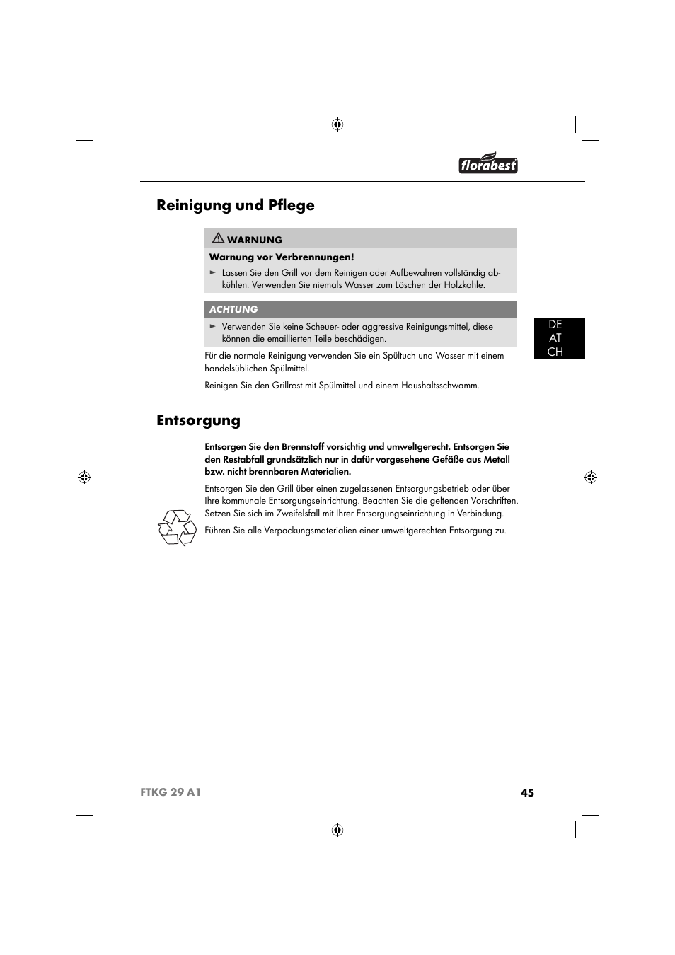 Reinigung und pﬂ ege, Entsorgung, De at ch | Florabest FTKG 29 A1 User Manual | Page 48 / 51