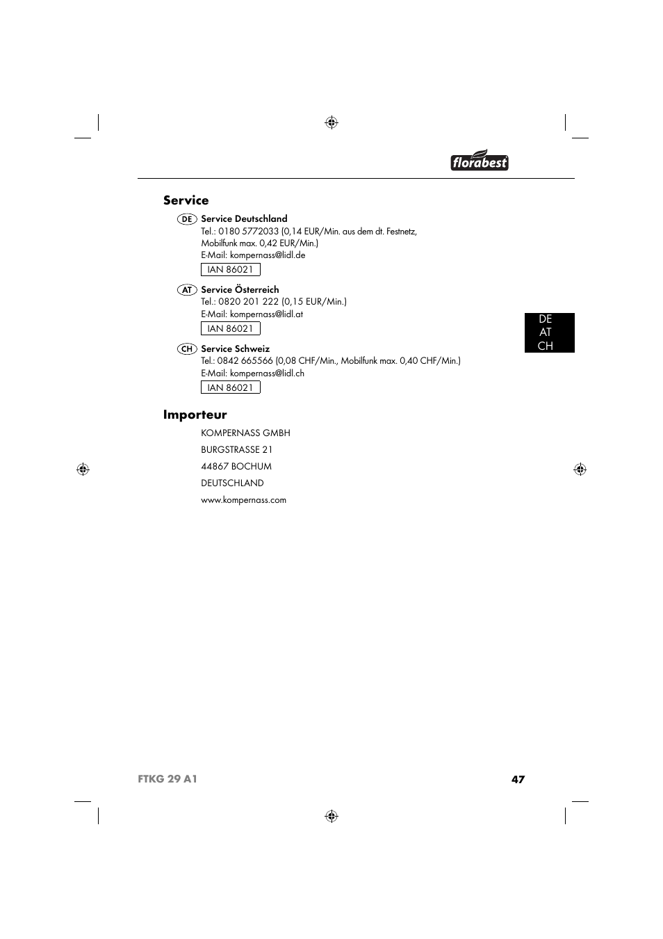 Service, Importeur, De at ch | Florabest FTKG 29 A1 User Manual | Page 50 / 51
