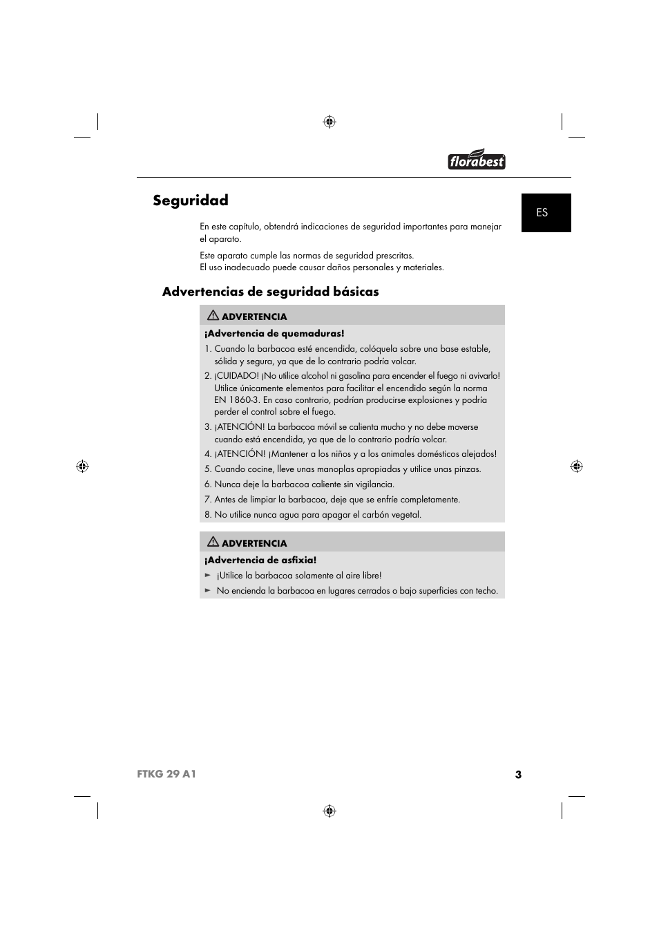 Seguridad, Advertencias de seguridad básicas | Florabest FTKG 29 A1 User Manual | Page 6 / 51