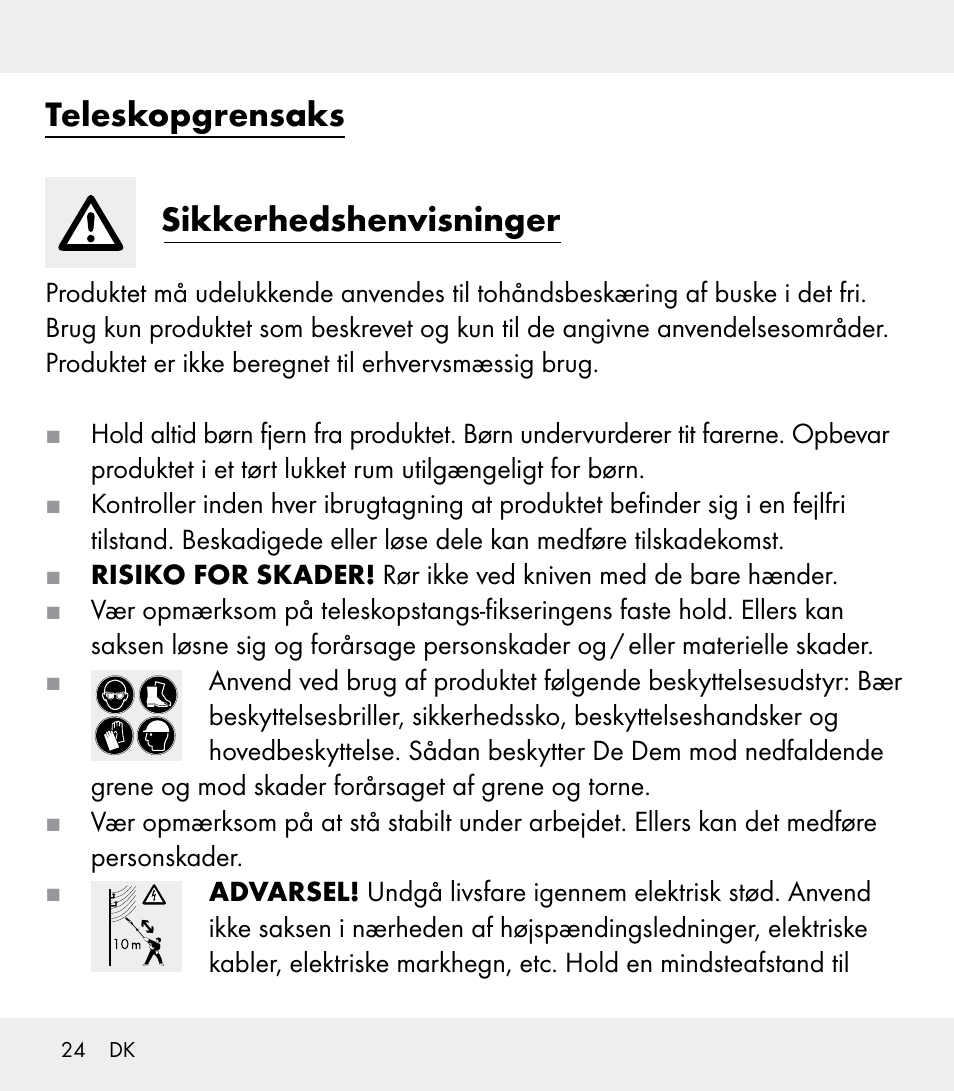 Teleskopgrensaks sikkerhedshenvisninger | Florabest Z31309 User Manual | Page 24 / 47