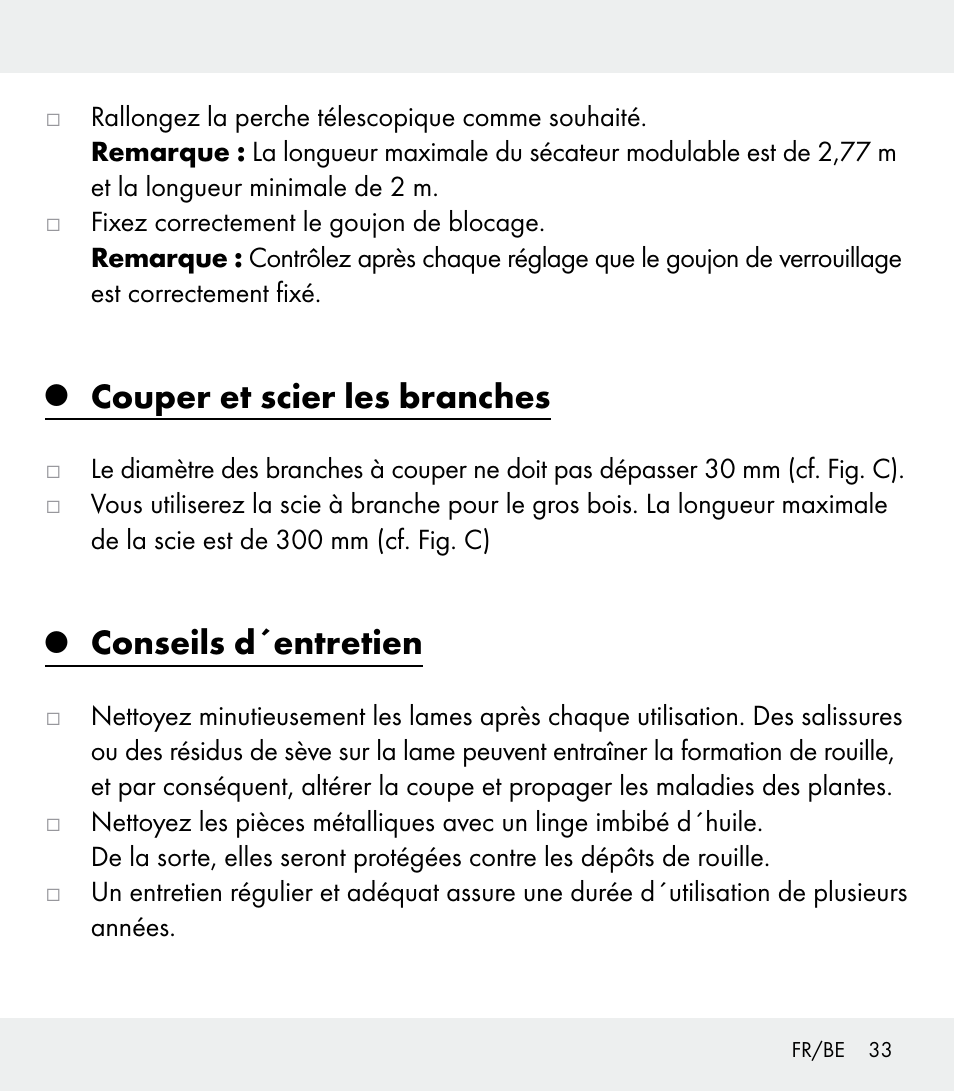 Couper et scier les branches, Conseils d´entretien | Florabest Z31309 User Manual | Page 33 / 47
