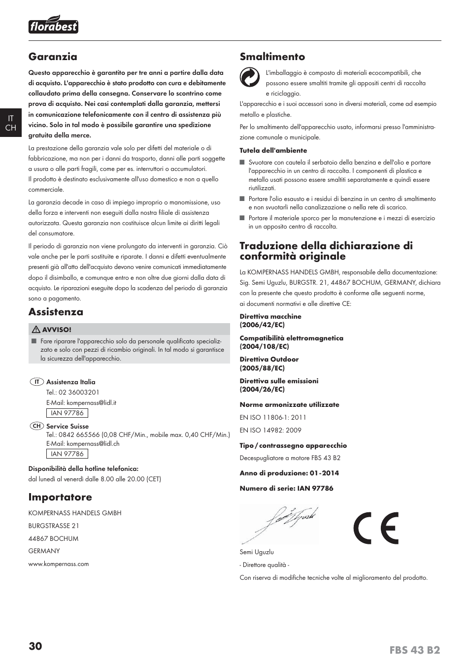 Garanzia, Assistenza, Importatore | Smaltimento | Florabest FBS 43 B2 User Manual | Page 35 / 56