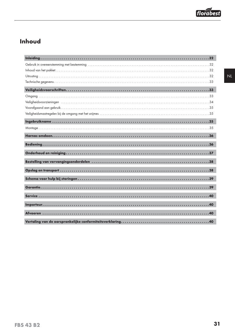 Inhoud | Florabest FBS 43 B2 User Manual | Page 36 / 56