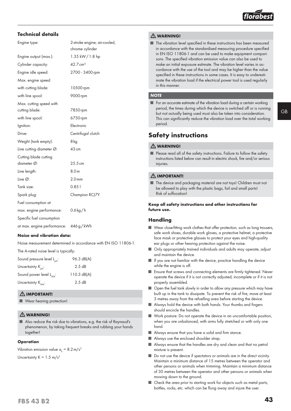 Safety instructions | Florabest FBS 43 B2 User Manual | Page 48 / 56