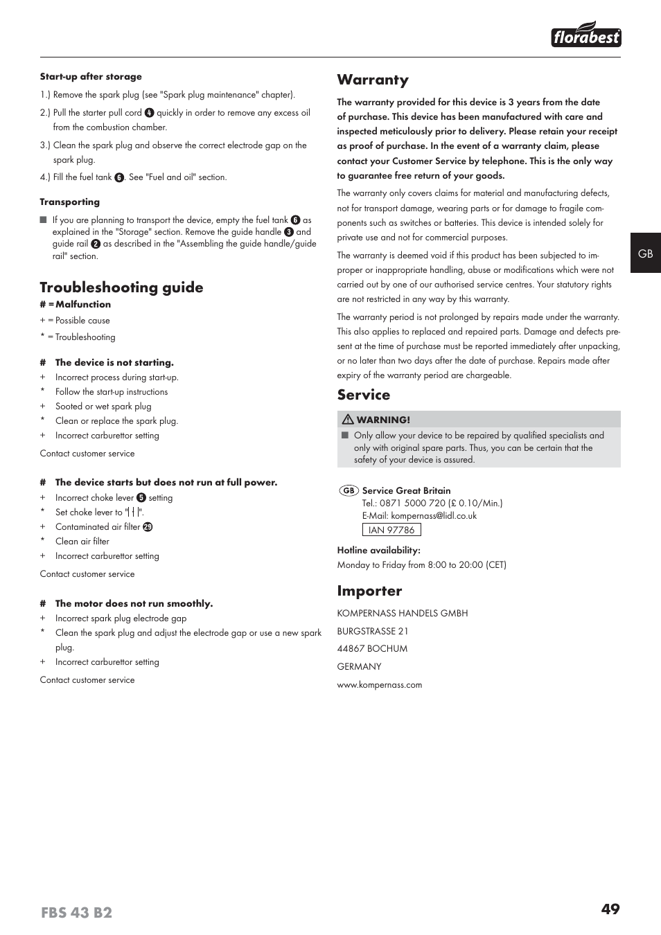 Troubleshooting guide, Warranty, Service | Importer | Florabest FBS 43 B2 User Manual | Page 54 / 56