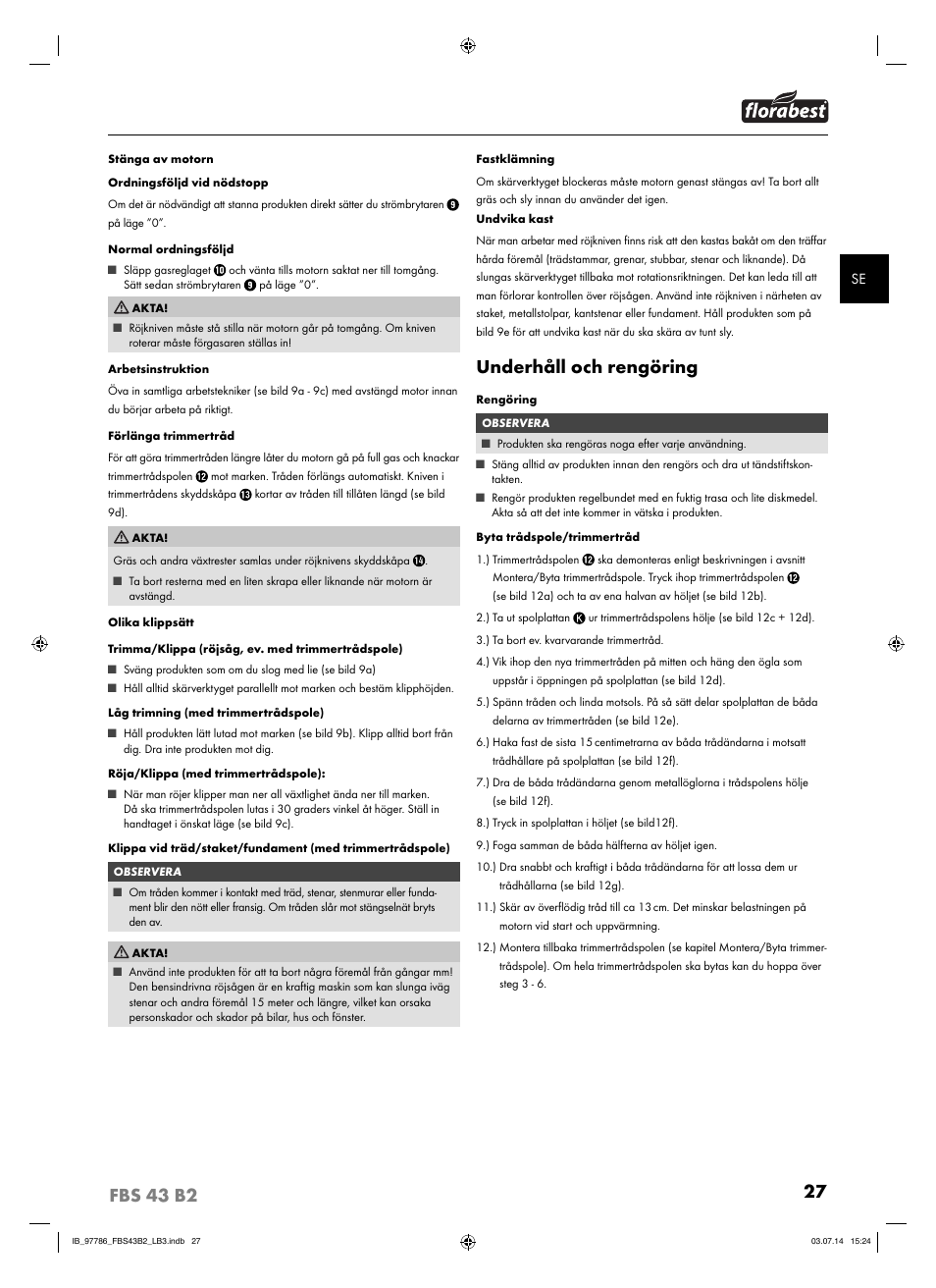 Underhåll och rengöring | Florabest FBS 43 B2 User Manual | Page 32 / 76