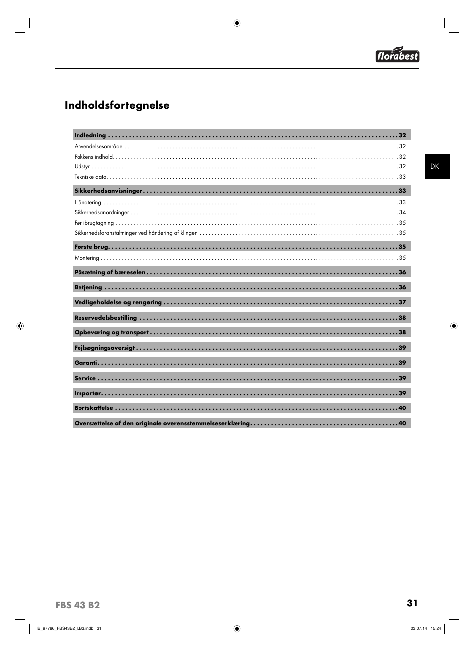 Indholdsfortegnelse | Florabest FBS 43 B2 User Manual | Page 36 / 76