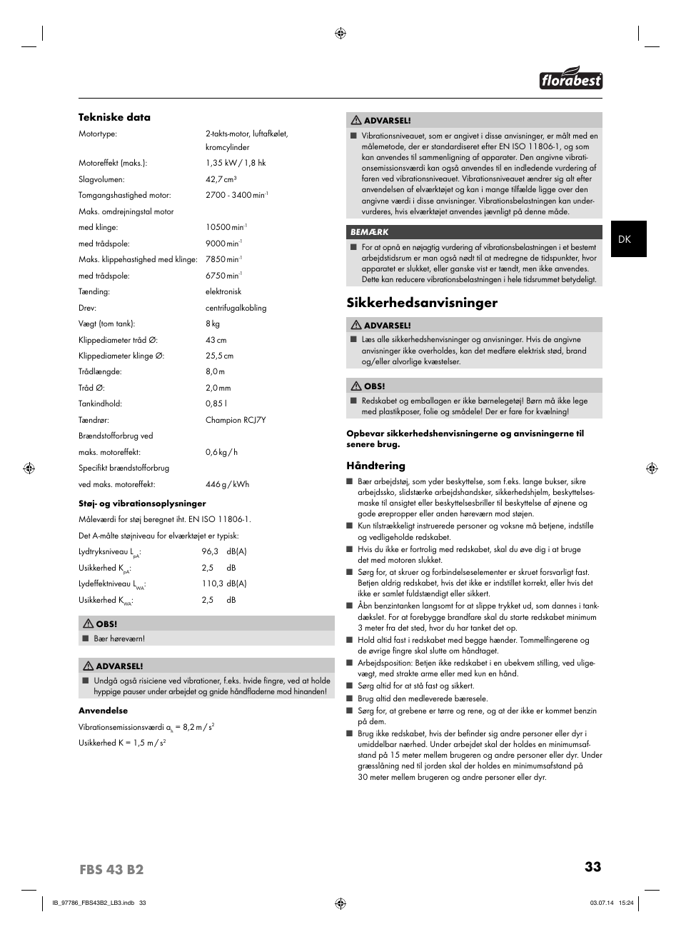 Sikkerhedsanvisninger | Florabest FBS 43 B2 User Manual | Page 38 / 76