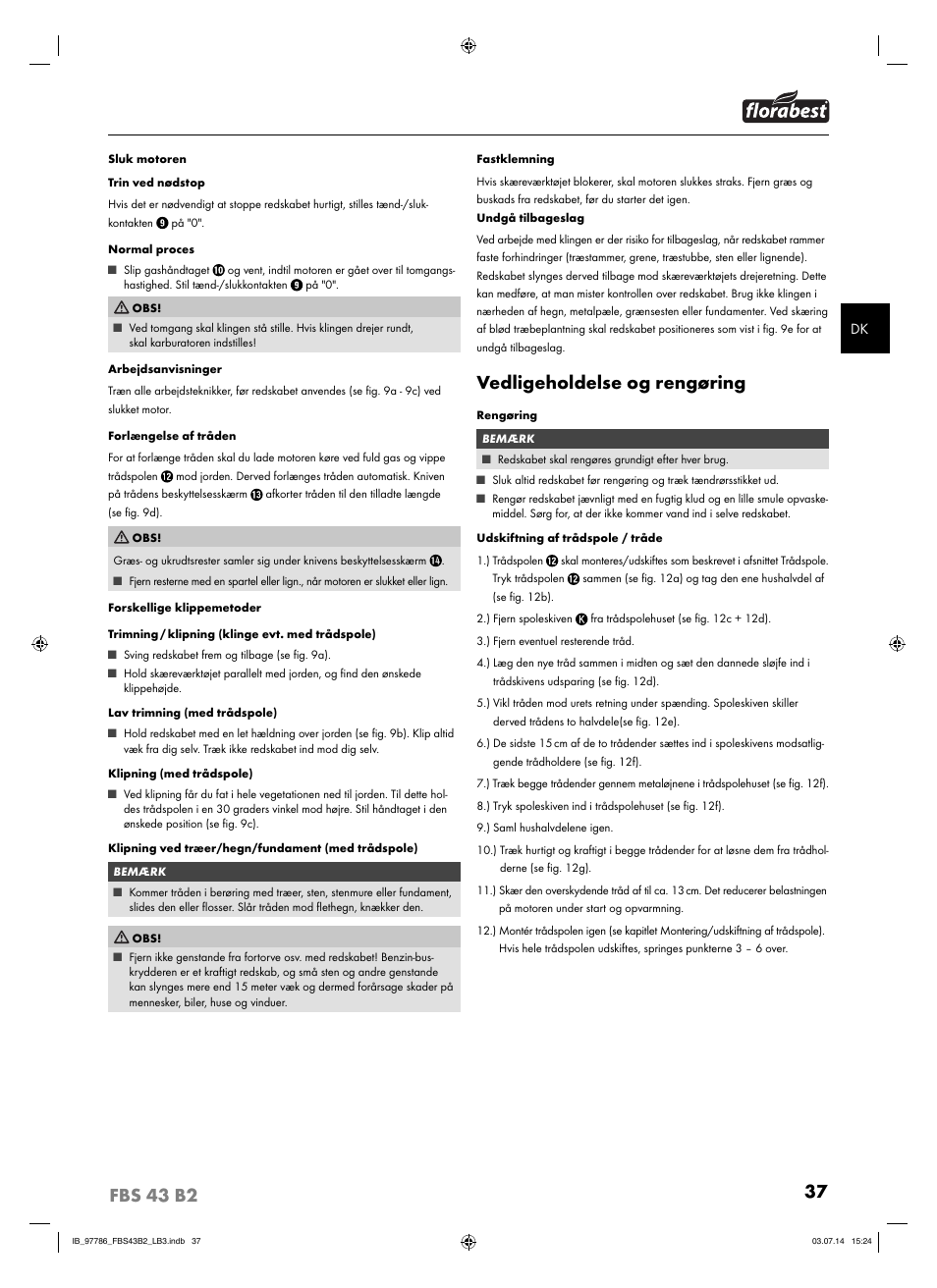 Vedligeholdelse og rengøring | Florabest FBS 43 B2 User Manual | Page 42 / 76