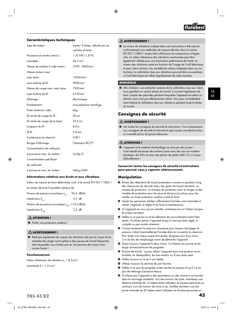 Consignes de sécurité | Florabest FBS 43 B2 User Manual | Page 48 / 76