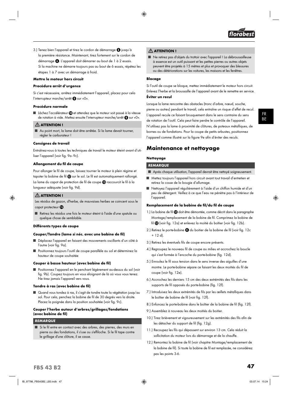 Maintenance et nettoyage | Florabest FBS 43 B2 User Manual | Page 52 / 76