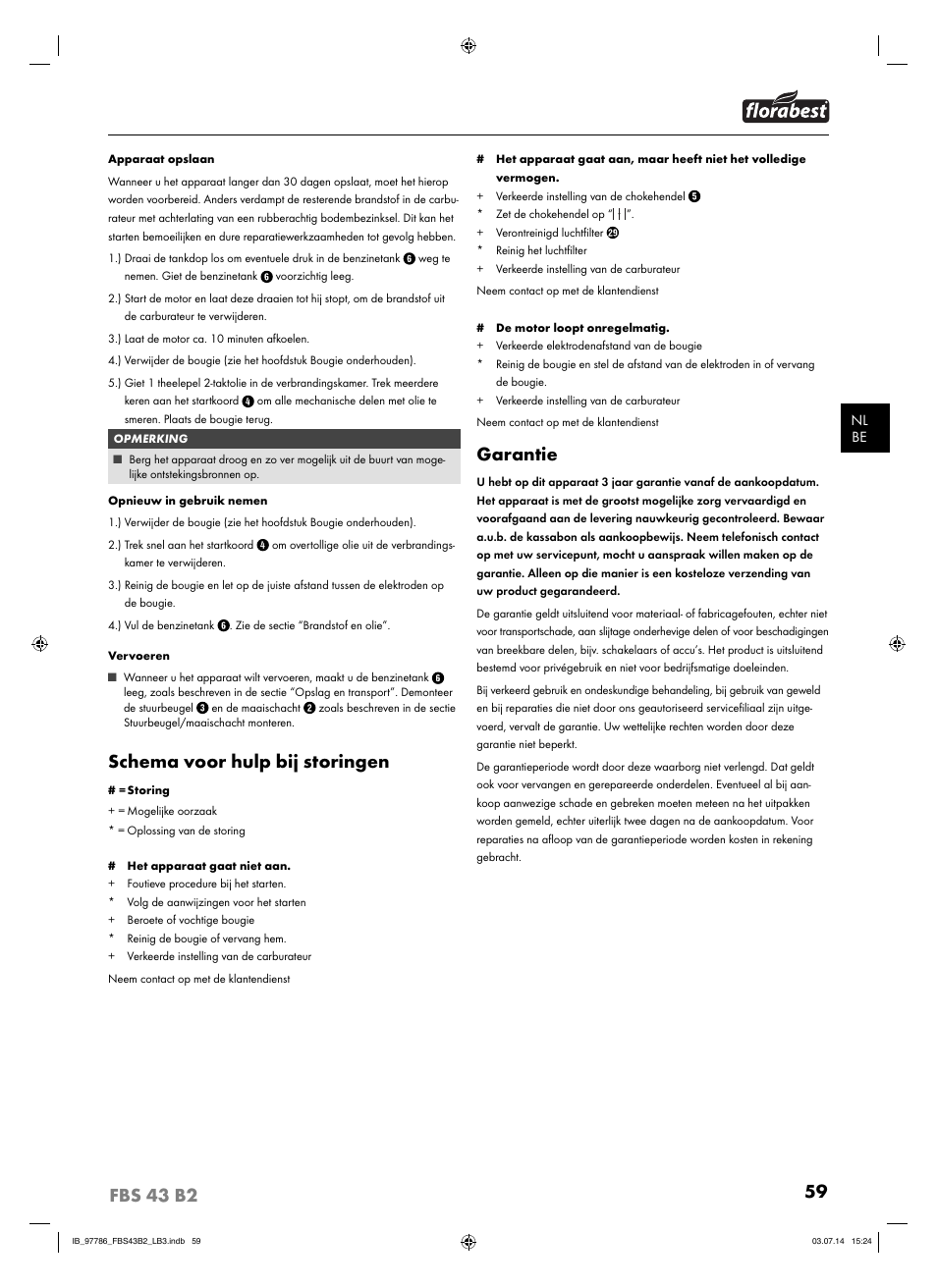 Schema voor hulp bij storingen, Garantie | Florabest FBS 43 B2 User Manual | Page 64 / 76