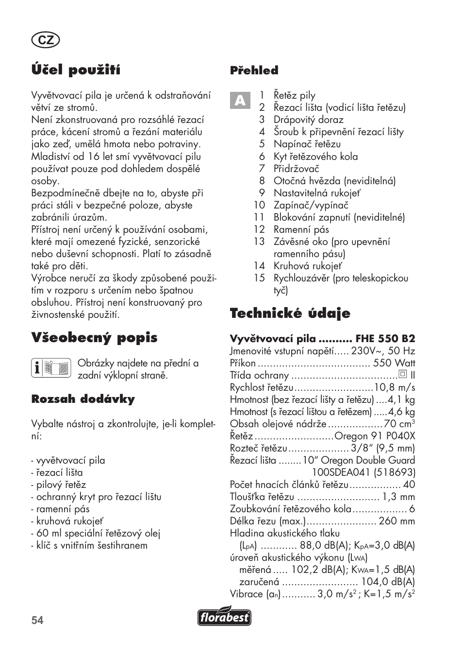 Účel použití, Všeobecný popis, Technické údaje | Florabest FHE 550 B2 User Manual | Page 54 / 108