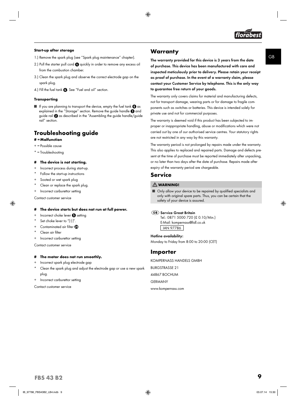 9fbs 43 b2, Troubleshooting guide, Warranty | Service, Importer | Florabest FBS 43 B2 User Manual | Page 14 / 76