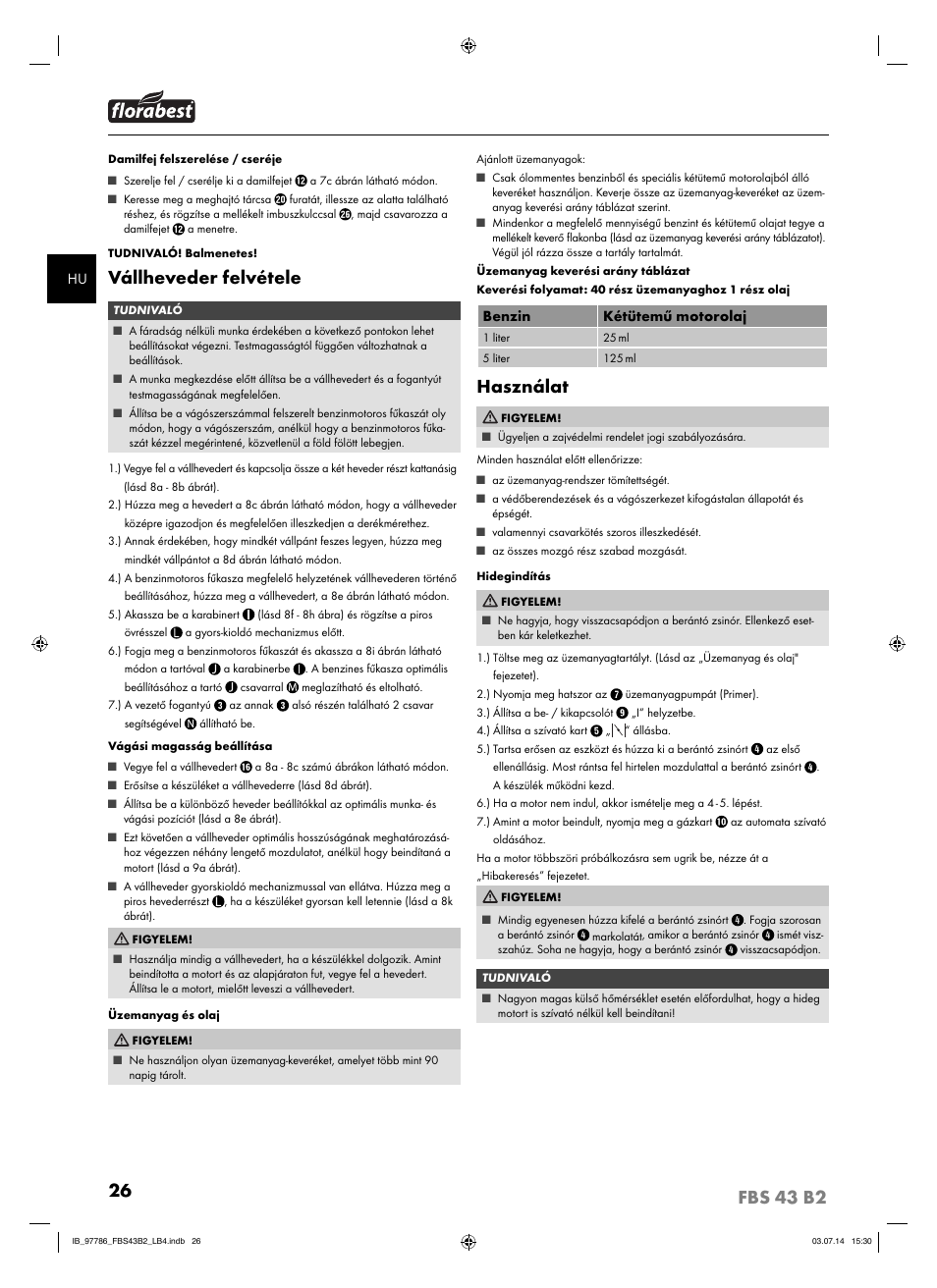 Vállheveder felvétele, Használat | Florabest FBS 43 B2 User Manual | Page 31 / 76