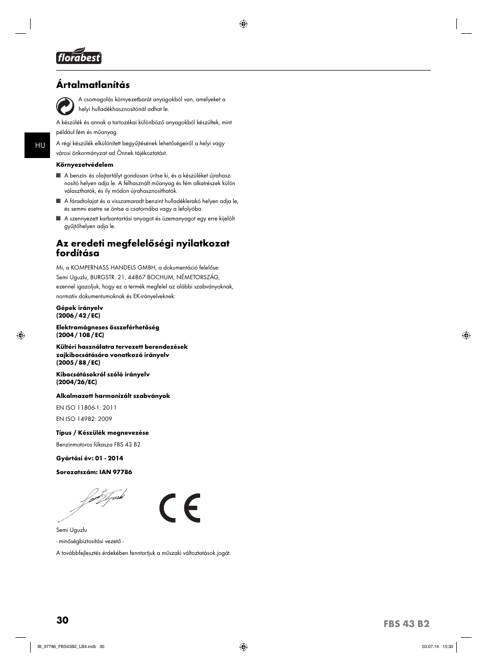 Ártalmatlanítás, Az eredeti megfelelőségi nyilatkozat fordítása | Florabest FBS 43 B2 User Manual | Page 35 / 76