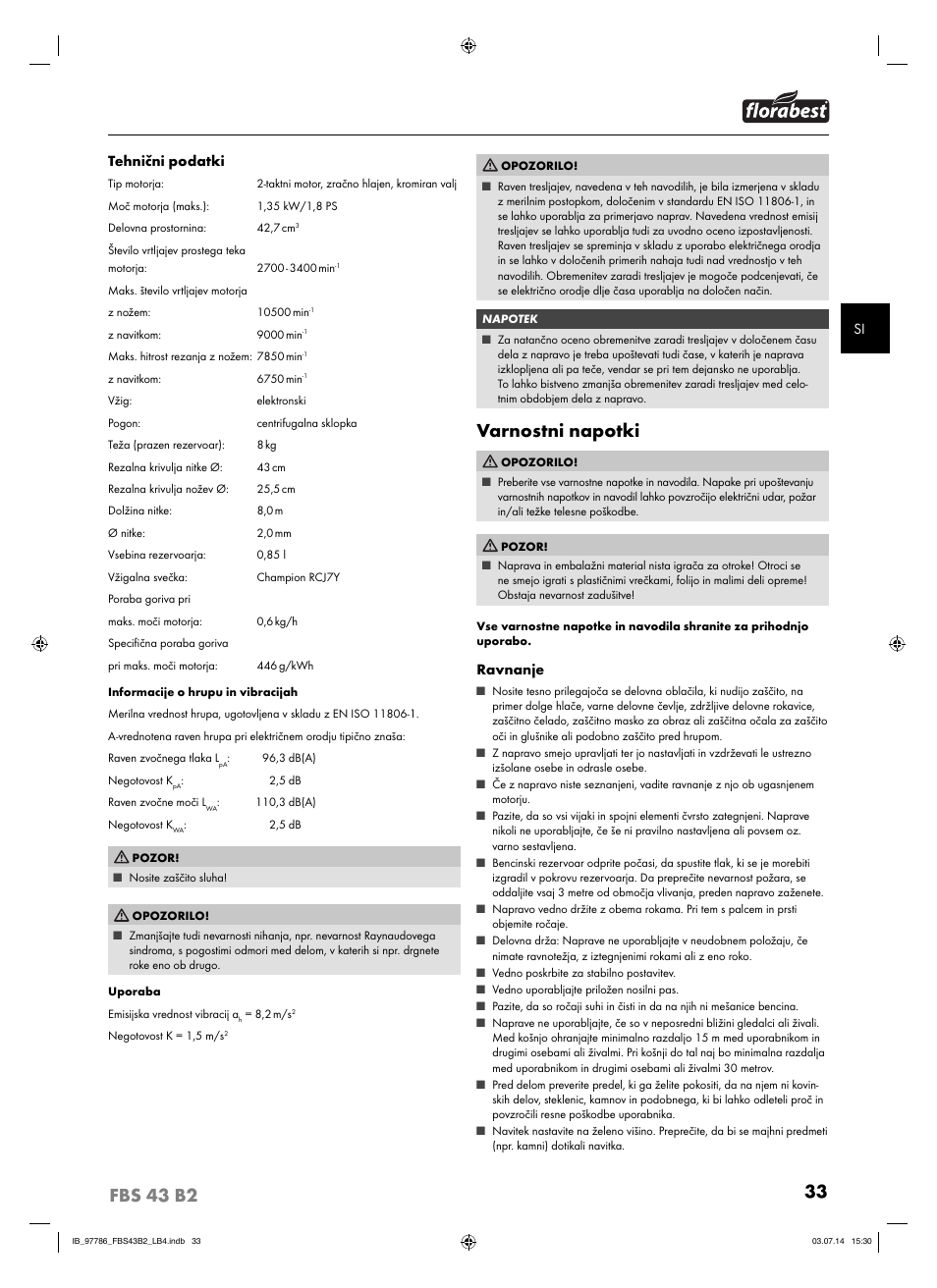 Varnostni napotki | Florabest FBS 43 B2 User Manual | Page 38 / 76